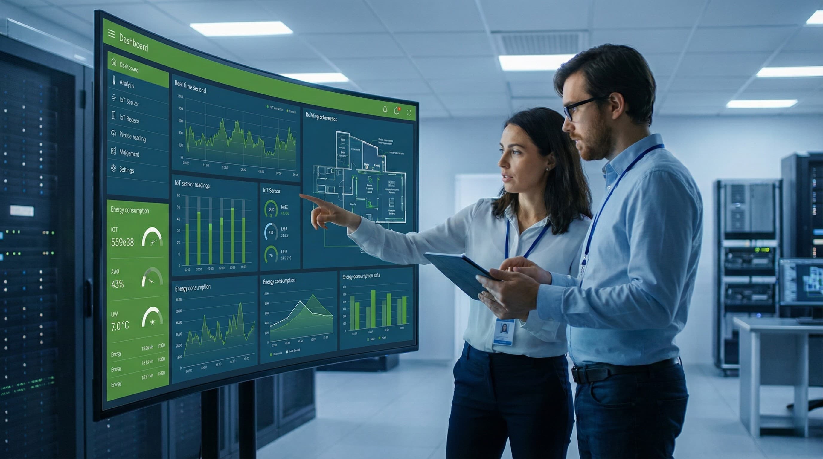 Equipo de ingenieros revisando un cuadro de mando digital